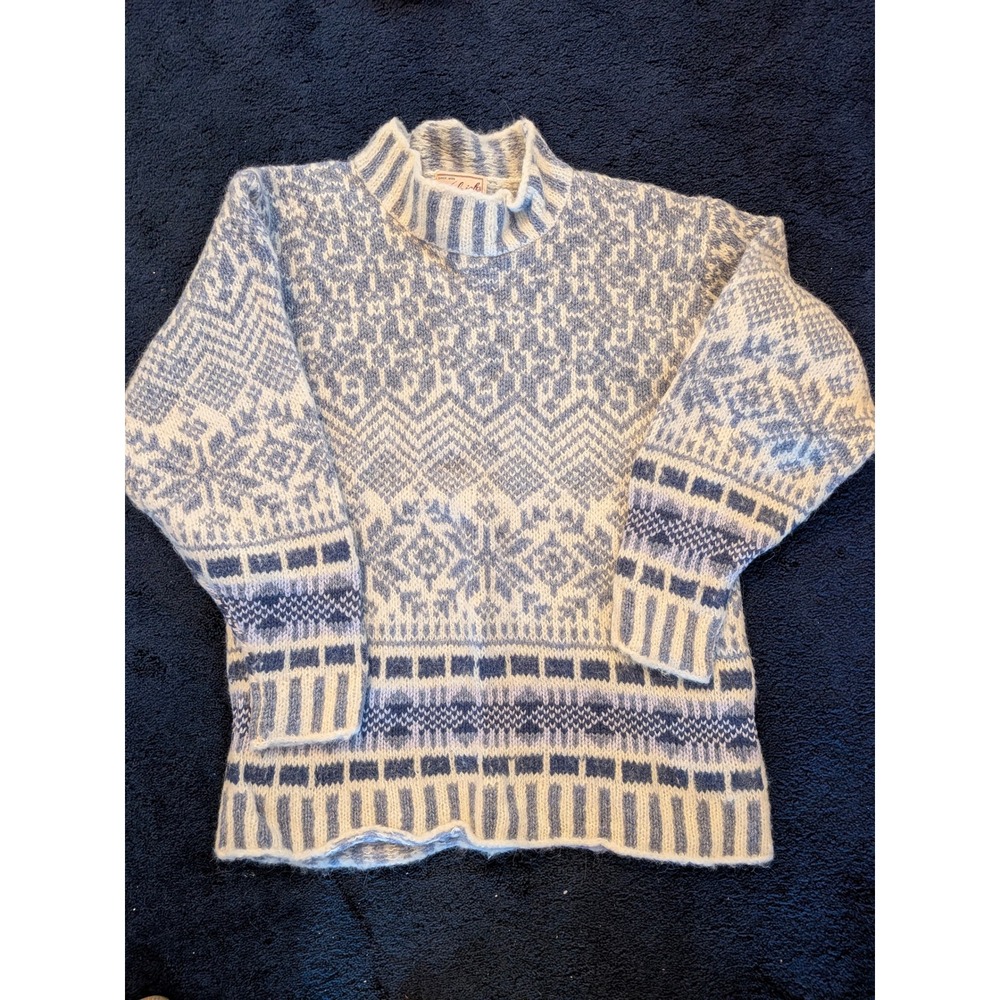Woolrich Vintage Nordic Fair Isle Sweater Womens Medium Blue White Mock Neck